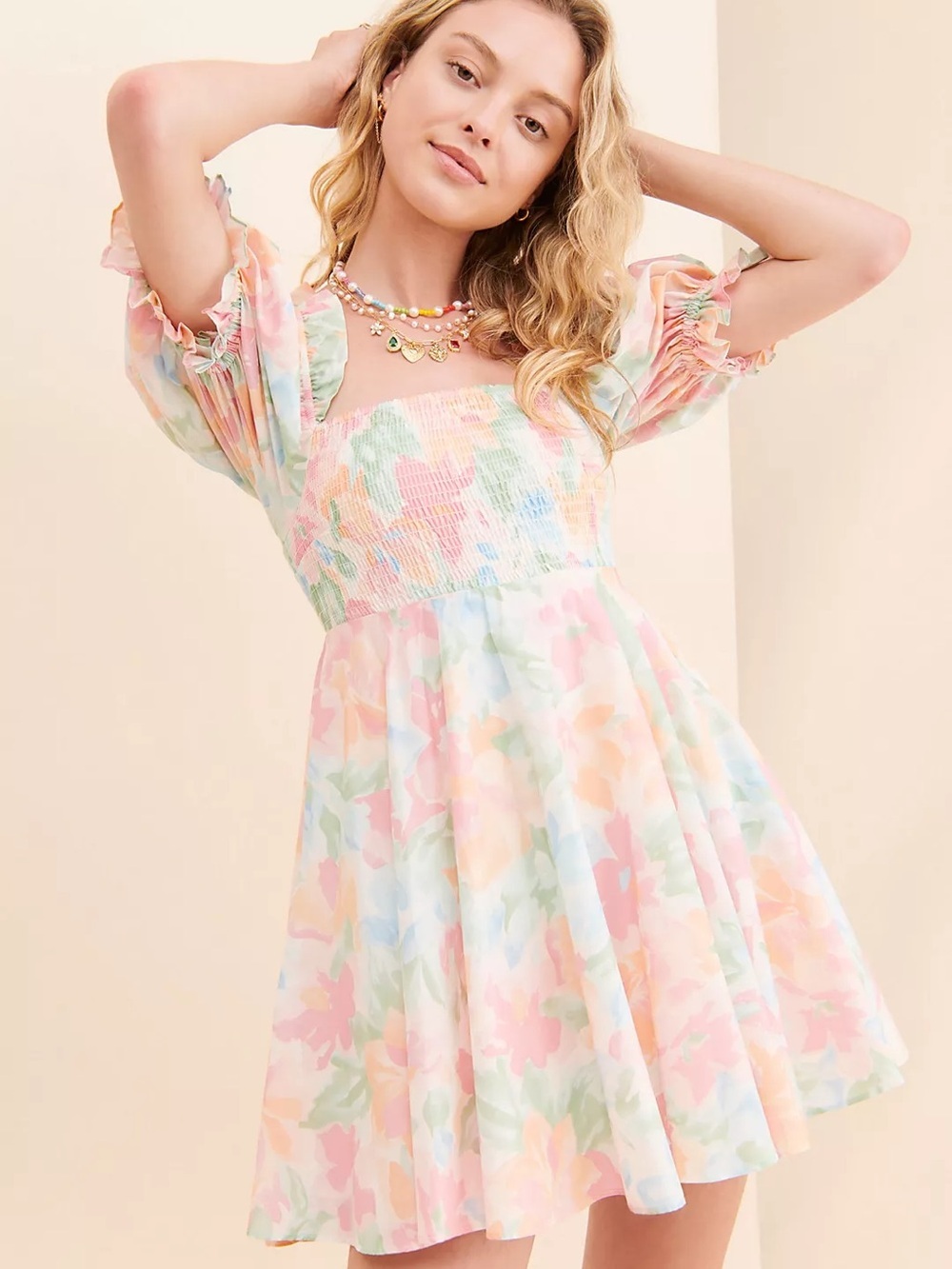 Selkie The Maria Watercolor Pastel Floral Puff-Sleeve Mini Dress